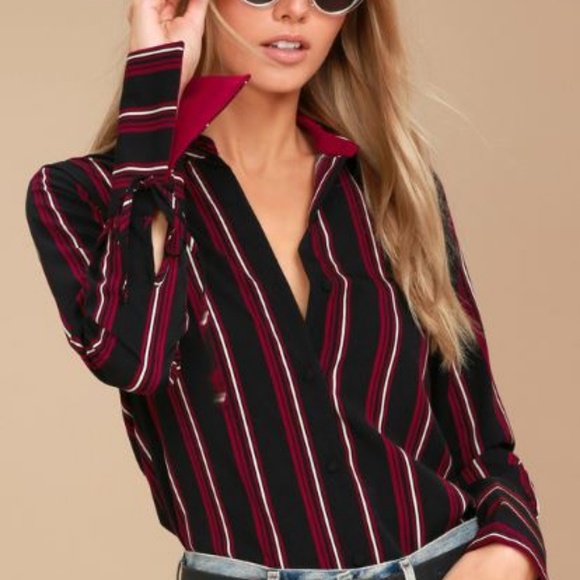 Silk Striped Tie-Cuff Long Sleeve Top - Picture 1 of 7